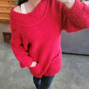 Red Vintage Sweater Dress Long Red Fuzzy Tunic Chucky Knit Pockets L'Rue Vive S